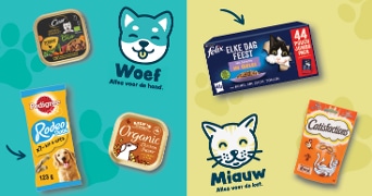 Promotie van dierenvoeding met merken zoals Cesar, Pedigree, Lily's, Felix, en Catisfactions voor honden en katten.
