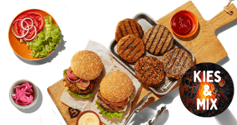 Vegetarische burgerbroodjes met diverse gegrilde burgerpatty's, verse toppings zoals sla, tomaat en ui, plus sauzen. Tekst op de afbeelding: "Kies & mix".