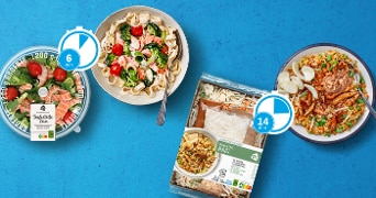 Maaltijdpakketten van Albert Heijn: Tagliatelle met zalm en een roerbakgerecht met nasi.