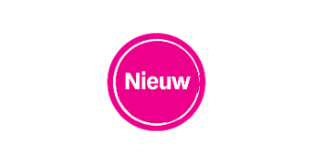 Nieuw product badge in felle roze kleur.