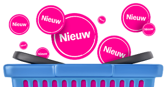 Roze cirkels met het woord "Nieuw" vliegen uit een blauwe boodschappenmand, ter aanduiding van nieuwe producten bij Albert Heijn.