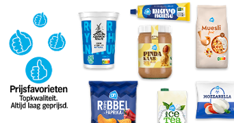Afbeelding met een selectie van Albert Heijn huismerkproducten, waaronder yoghurt, mayonaise, muesli, pindakaas, paprikachips, ijsthee en mozzarella. Links staat het "Prijsfavorieten" logo met duimpjes en de tekst: "Prijsfavorieten. Topkwaliteit. Altijd laag geprijsd."
