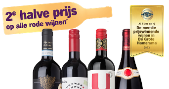Promotie: 2e rode wijn voor halve prijs, met bekroonde wijnen van De Grote Hamersma 2023.