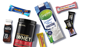 Verschillende proteïne- en eiwitrepen, proteïnepoeder, proteïnedrank en halfvolle melk met extra proteïne van onder andere Campina, Optimum Nutrition, Grenade, Barebells en melkunie.