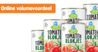AH Biologische Tomatenblokjes met online volumevoordeel aanbieding.
