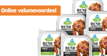 Online volumekorting op AH Bio rund en spirulina paté voor honden.