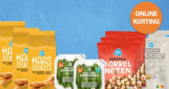 Producten met Albert Heijn merk met online korting, waaronder kaasstengels, borrelnoten, cashewnoten en snoepgroente komkommer.