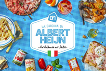 Assortiment van Italiaanse gerechten en producten met Albert Heijn-logo.