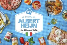 Assortiment van Italiaanse gerechten en producten met Albert Heijn-logo.