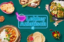 Schotel Aziatische gerechten waaronder naanbrood, rijst met curry, cashewnoten en verse groenten, rondom een blauw logo met de tekst "Lekker Aziatisch" en Albert Heijn icoon.