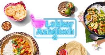 Schotel Aziatische gerechten waaronder naanbrood, rijst met curry, cashewnoten en verse groenten, rondom een blauw logo met de tekst "Lekker Aziatisch" en Albert Heijn icoon.
