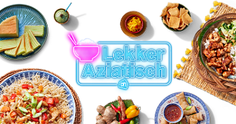 Diverse Aziatische gerechten, waaronder noedels, rijst met kip, loempia’s en Aziatische snacks, rondom een neonblauw bord met de tekst "Lekker Aziatisch" en het Albert Heijn-logo.