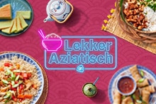 Diverse Aziatische gerechten, waaronder noedels, rijst met kip, loempia’s en Aziatische snacks, rondom een neonblauw bord met de tekst "Lekker Aziatisch" en het Albert Heijn-logo.