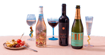 Drie flessen wijn – een rosé van Cecchi, een rode wijn van Fantini en een fles Prosecco – met bijpassende wijnglazen en een borrelplank met kaas, olijven en groenten op een tafel.