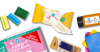 AH schoonmaak- en huishoudproducten, waaronder vaatdoekjes, vuilniszakken, toiletpapier en sponzen.