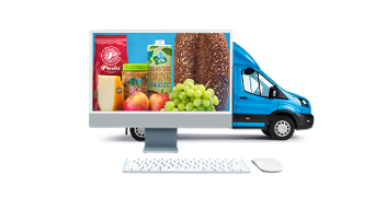 Afbeelding van diverse boodschappen, waaronder AH haverdrank, brood, groene druiven en Perla koffie, op een computerscherm met een blauwe bezorgbus op de achtergrond.
