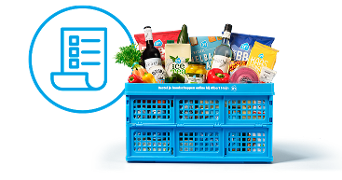 Blauwe Albert Heijn krat gevuld met boodschappen zoals wijn, groente, snacks, frisdrank en verse producten, met een bestel-icoon op de achtergrond