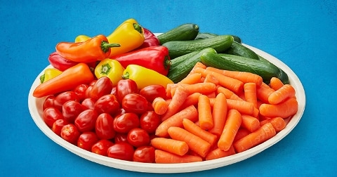 Grote schaal met een kleurrijke mix van groente, waaronder paprika's, kerstomaten, komkommers en wortelen.