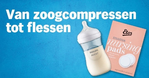 Uitgelichte producten voor baby's: Philips Avent babyfles en Etos mama zoogcompressen voor borstvoeding.