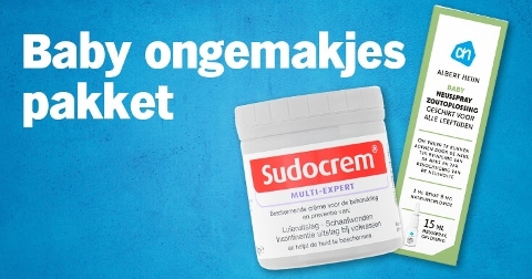 Sudocrem Multi-Expert en Albert Heijn baby neusspray zoutoplossing met tekst "Baby ongemakjes pakket" op een blauwe achtergrond.