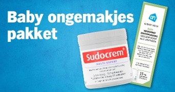 Sudocrem Multi-Expert en Albert Heijn baby neusspray zoutoplossing met tekst "Baby ongemakjes pakket" op een blauwe achtergrond.