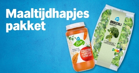 Maaltijdhapjes pakket met AH Bio couscous maaltijdhapje en AH broccoli roosjes op een blauwe achtergrond.