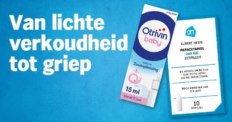 Producten tegen verkoudheid en griep: Otrivin Baby Neusspray en Albert Heijn Paracetamol zetpillen voor kinderen.