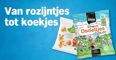Promotie van biologische snacks voor kinderen, met Organix biologische kaaspuffs en De Kleine Keuken biologische dadeltjes zonder suiker. Tekst: "Van rozijntjes tot koekjes".