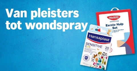 Promotiemateriaal voor eerste hulp met HeltiQ en Hansaplast producten, tekst "Van pleisters tot wondspray".