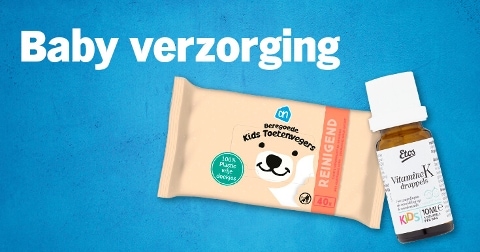 Babyverzorgingsproducten, waaronder AH Beregoede Kids Toetenvegers en Etos Vitamine K druppels.