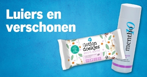AH lotiondoekjes en Mentho10 verzorgingsproduct op een blauwe achtergrond met de tekst "Luiers en verschonen".