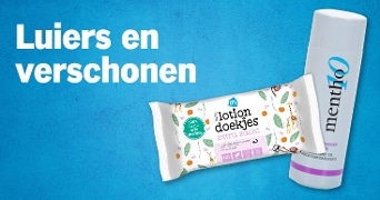 AH lotiondoekjes en Mentho10 verzorgingsproduct op een blauwe achtergrond met de tekst "Luiers en verschonen".