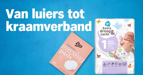 AH New Born luiers en Etos mama nursing pads naast elkaar met de tekst "Van luiers tot kraamverband" op een blauwe achtergrond.