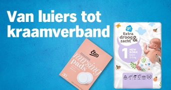 AH New Born luiers en Etos mama nursing pads naast elkaar met de tekst "Van luiers tot kraamverband" op een blauwe achtergrond.