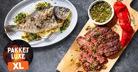 Gegrilde hele vis en stukjes biefstuk met chimichurri, gegrilde paprika en saus, gepresenteerd als luxe XL pakket.