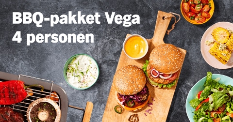 BBQ-pakket Vega voor 4 personen met burgers, sausjes, gegrilde maïs en salade.