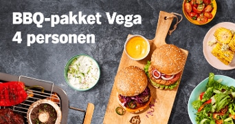 BBQ-pakket Vega voor 4 personen met burgers, sausjes, gegrilde maïs en salade.