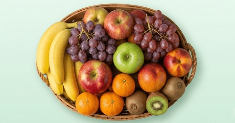 Mand met verschillende soorten vers fruit zoals bananen, appels, druiven, kiwi's, sinaasappels en nectarines.