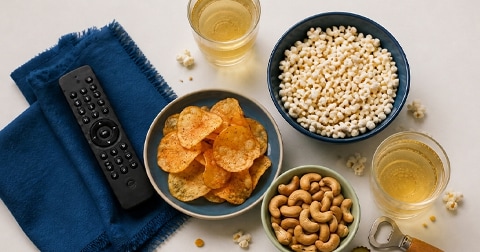 Schotel met chips, schaaltje cashewnoten, kom met popcorn, twee glazen drinken, een flesopener en een afstandsbediening op een blauwe servet, geschikt voor een gezellige avond snacken.