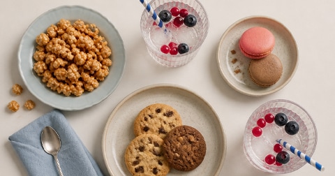 Verschillende zoete snacks inclusief popcorn met karamel, chocoladekoekjes en macarons, geserveerd met glazen frisdrank met bessen en rietjes.