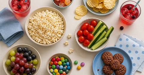 Schalen met popcorn, druiven, kleurrijke snoepjes, komkommer en cherrytomaatjes, chocoladekoekjes, chips en twee glazen rode vruchtendrank op een tafel.