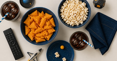 Blauwe schaaltjes met popcorn en kaas snacks, glazen met cola en ijs, afstandsbediening, servet en speelgoedruimtevaartobjecten op tafel.