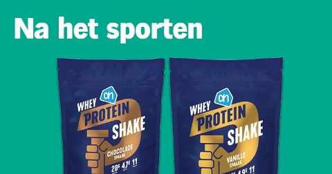 AH Whey Protein Shake in chocolade- en vanillesmaak, met tekst "Na het sporten"