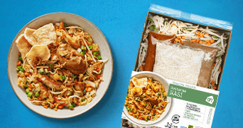 Gemakkelijk maaltijdpakket van Albert Heijn voor Oosterse nasi, met verse groente en ingrediënten.