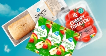 Albert Heijn producten met ciabatta brood, appel sap en cherry tomaten verpakt in een tray.