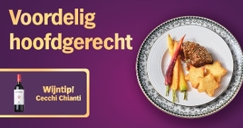 Voordelig hoofdgerecht met groente, aardappelsterren en een wijntip Cecchi Chianti op een paarse achtergrond