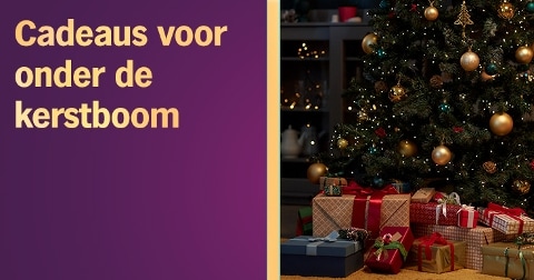 Cadeaus onder een versierde kerstboom en tekst 'Cadeaus voor onder de kerstboom' op een paarse achtergrond