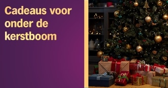 Cadeaus onder een versierde kerstboom en tekst 'Cadeaus voor onder de kerstboom' op een paarse achtergrond