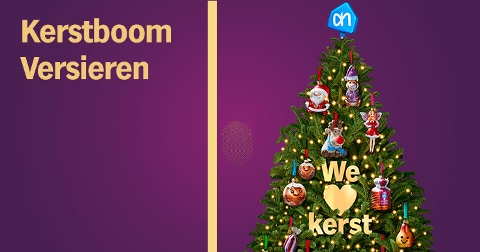 Kerstboom versieren met kleurrijke kerstdecoratie en verlichte slingers, met de tekst 'We ♥ kerst' in de boom en het Albert Heijn logo als piek, op een paarse achtergrond.