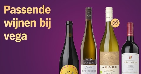 Vier flessen wijn met het label 'Passende wijnen bij vega' op een paarse achtergrond, met onder andere de merken Bones Barn, Divino, Adobe en Viña Lorea.